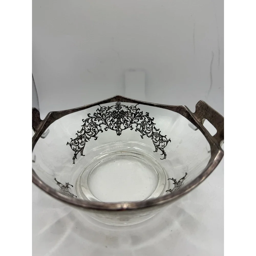 Vintage Silver Overlay Glass Candy Nut Bowl Floral Filigree Double‎ Handle 6.5in